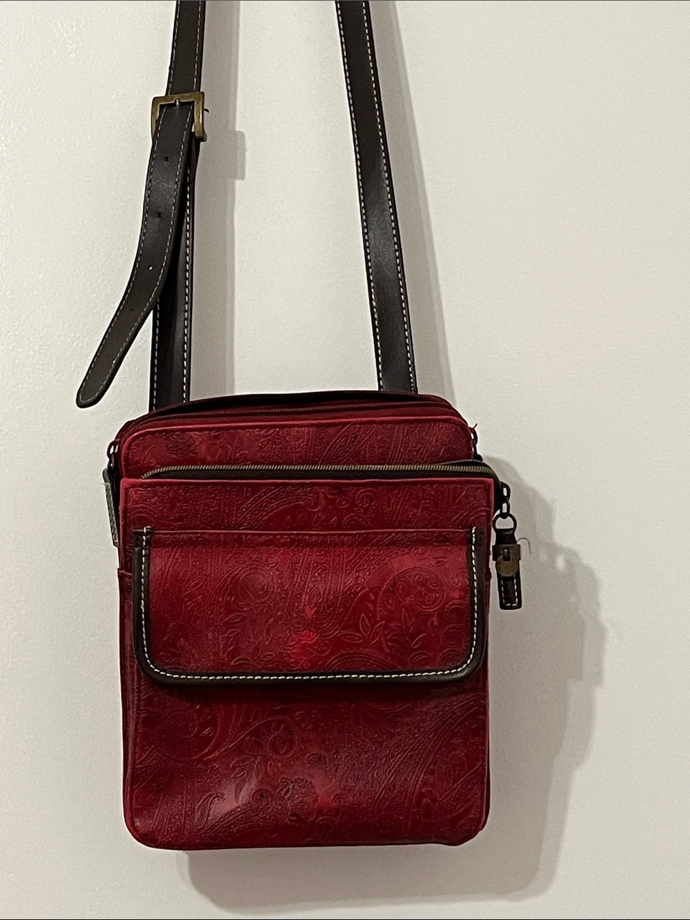 Relic Red Embossed Crossbody Messenger with Black Strap